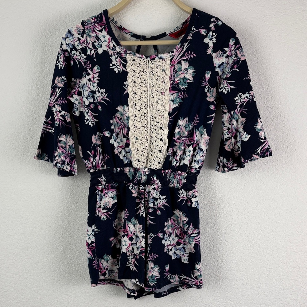 Dark Blue Floral Romper with Cream Lace